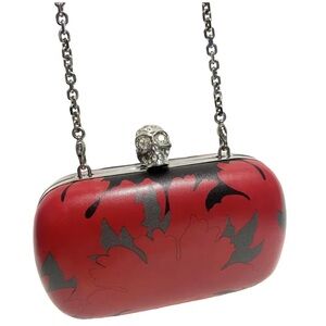 Alexander McQueen Skull Leather Chain Clutch Bag Shoulder Strap rhinestone red